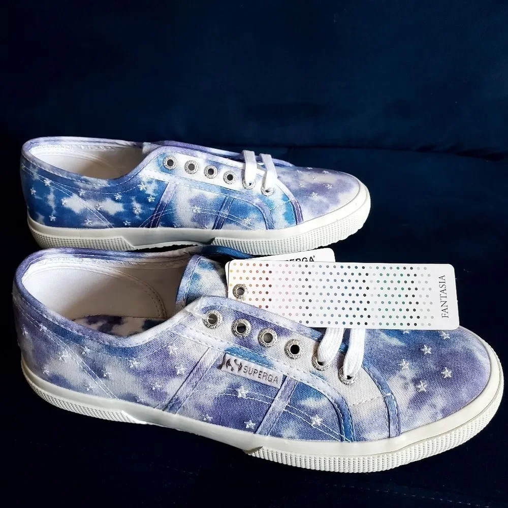 Superga White Embroidery Stars Blue Tie-dye Sneakers Size 10